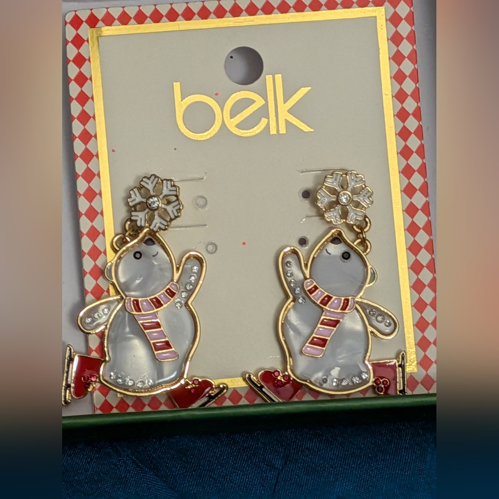 NWT Festive Ice Skating Polar Bear Earrings with Gift Box Party Holiday Xmas